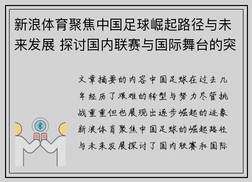 新浪体育聚焦中国足球崛起路径与未来发展 探讨国内联赛与国际舞台的突破之道